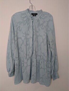 MICHEL STUDIO Light Blue Jacquard Floral Blouse Size 18 Ruffle Neck Peplum Top